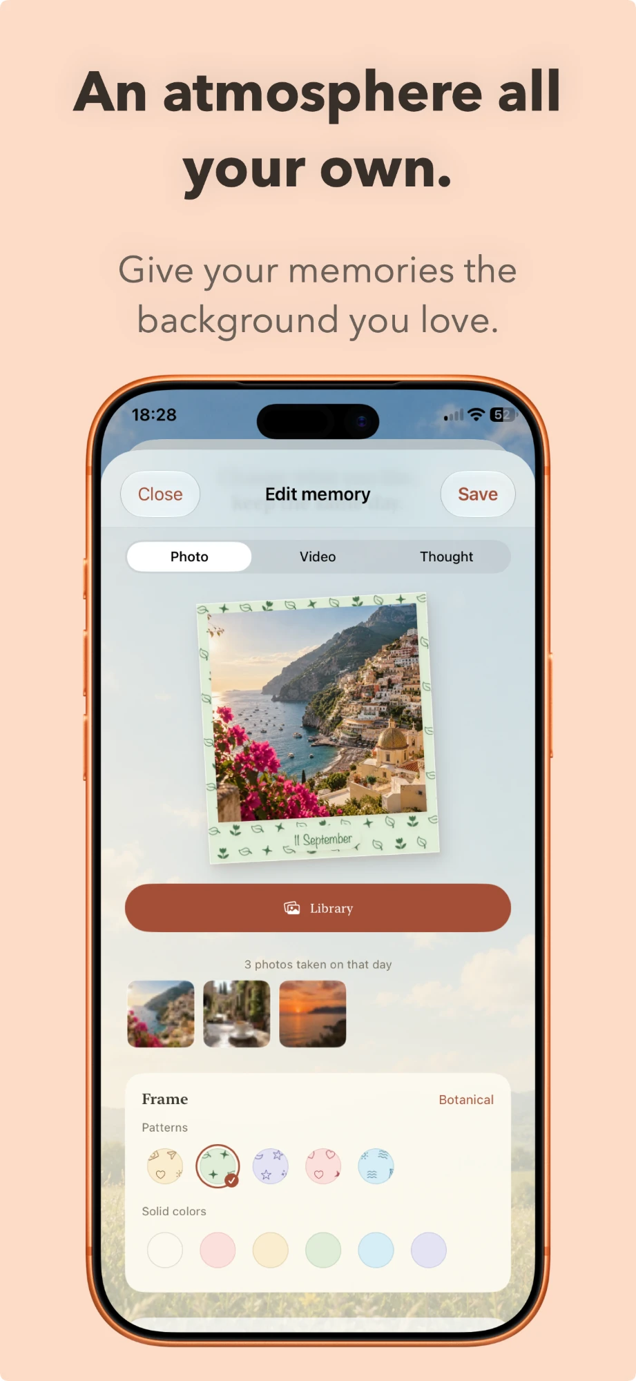 Choosing the botanical frame while editing a memory.