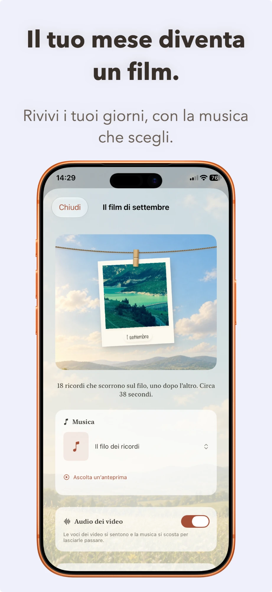 La schermata del film del mese, con la scelta della musica e l’audio dei video.